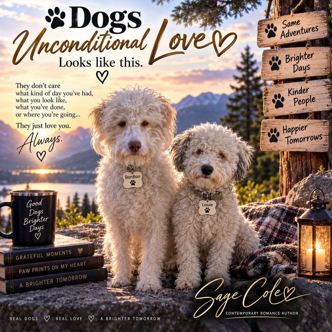 Two doodle dogs in front of mountains