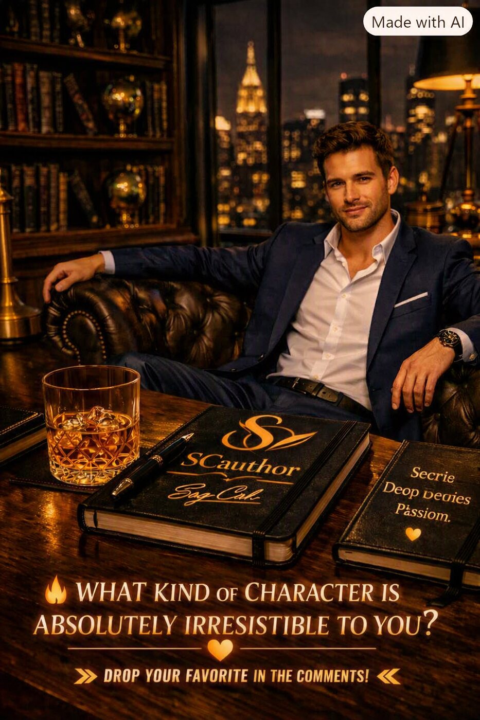 Character in a library with whiskey