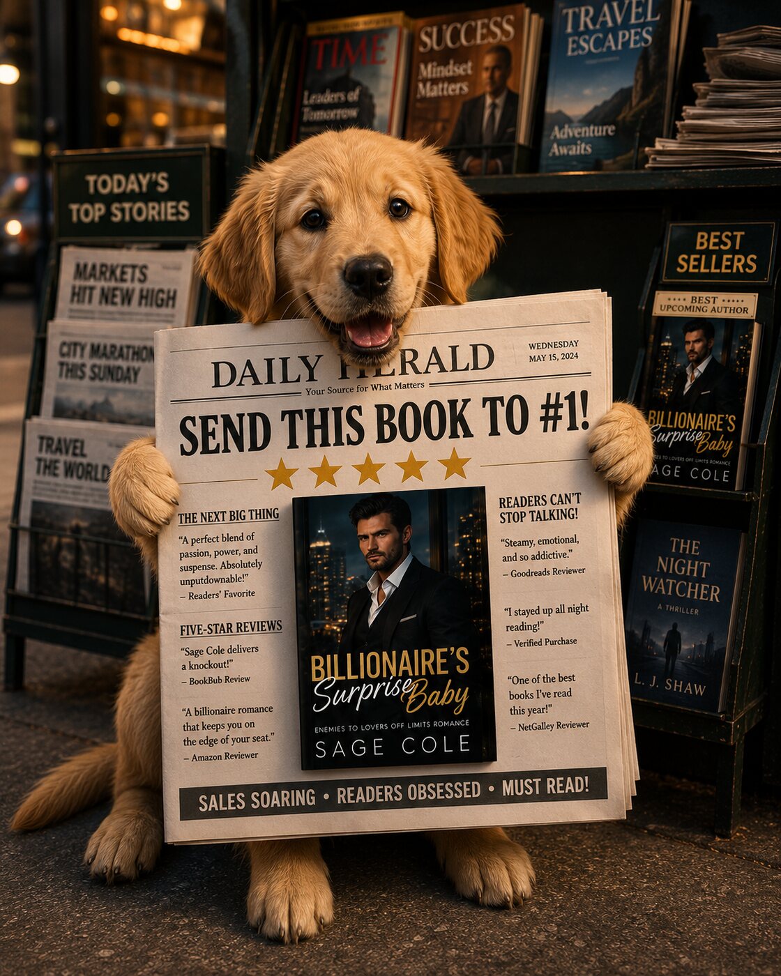 Golden puppy holding a newspaper featuring the book