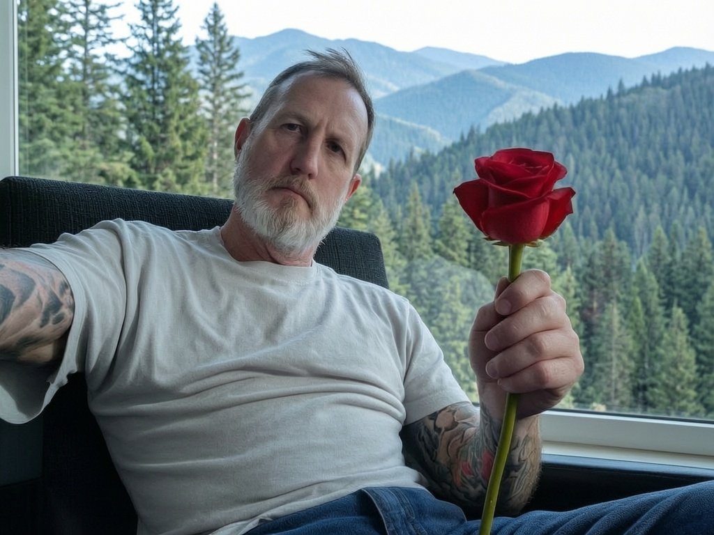 Sage Cole holding a red rose with the Utah mountains behind him