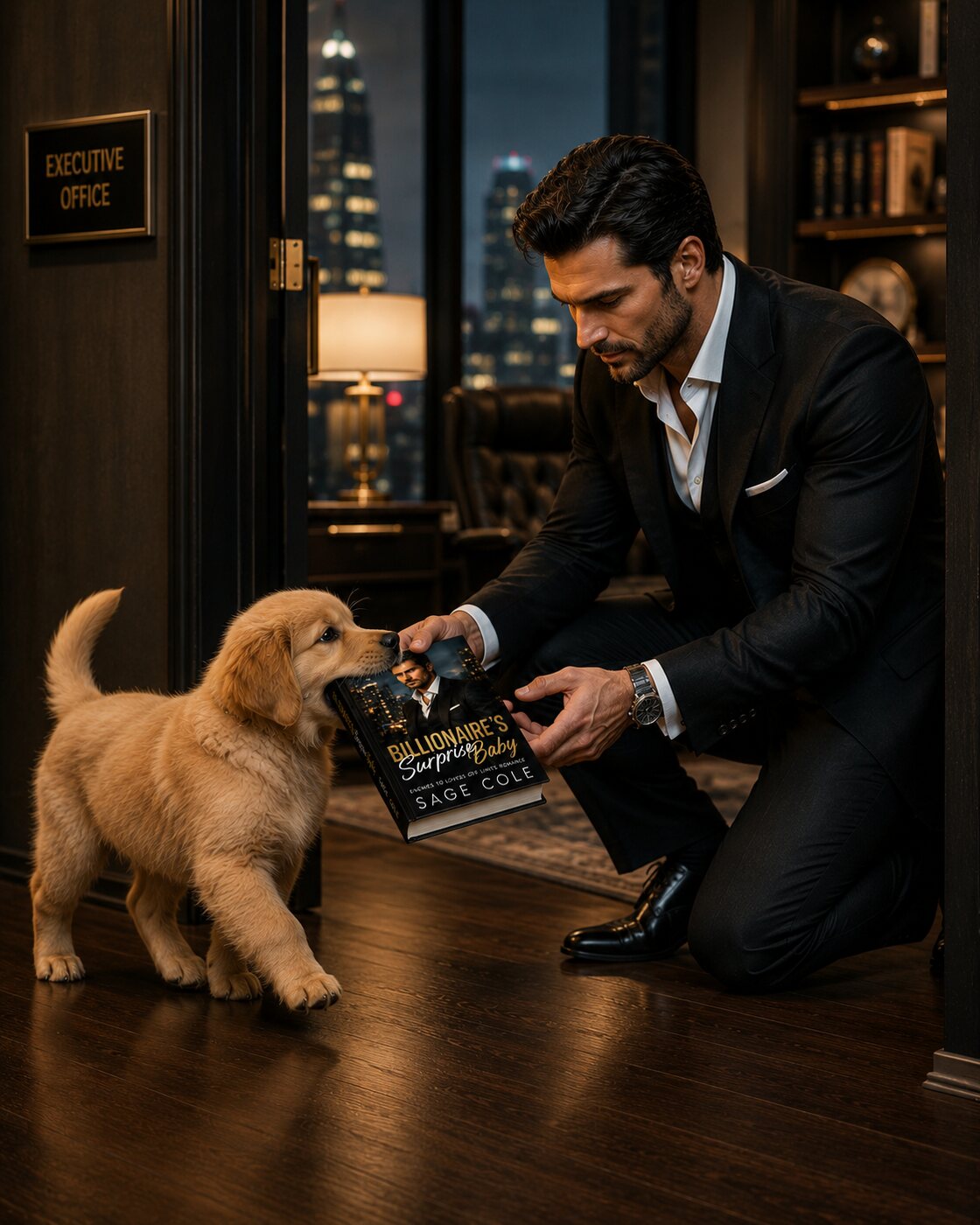 Man handing the book to a golden puppy