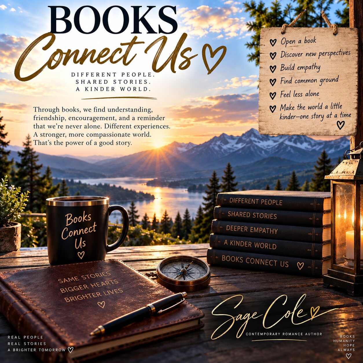 Books Connect Us graphic with mountains