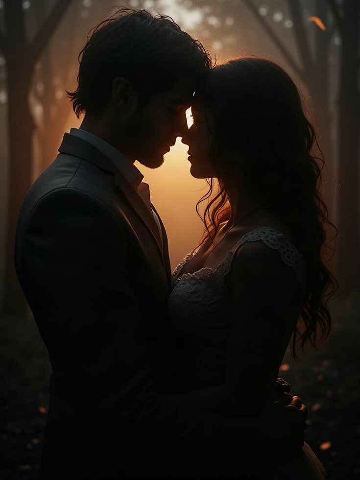 Couple about to kiss at sunset