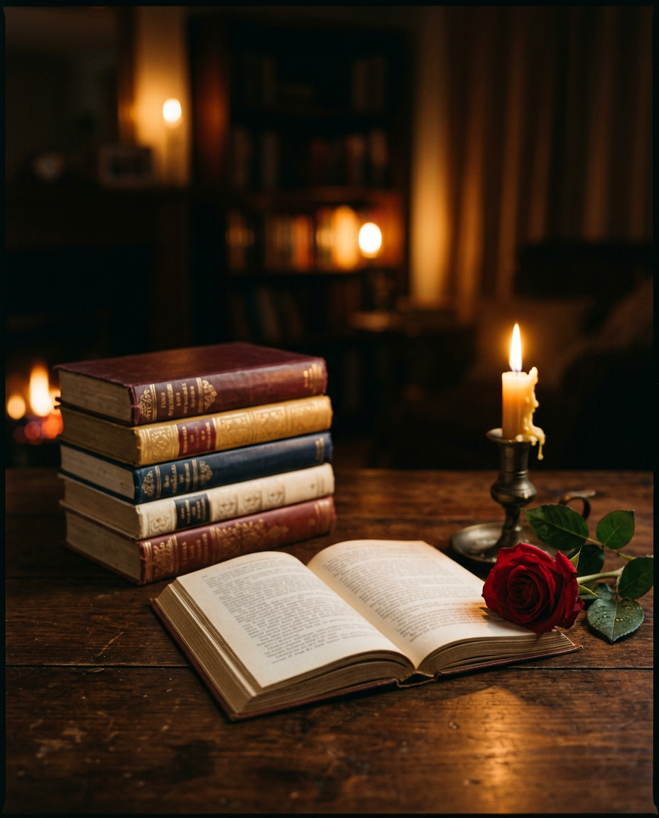 Stack of romance novels, an open book, a candle and a red rose