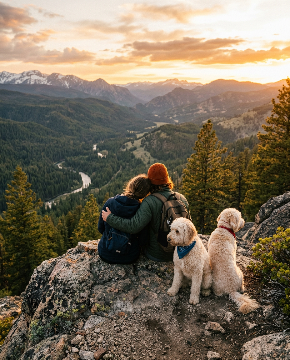 Two friends and two doodle dogs watching a mountain sunset