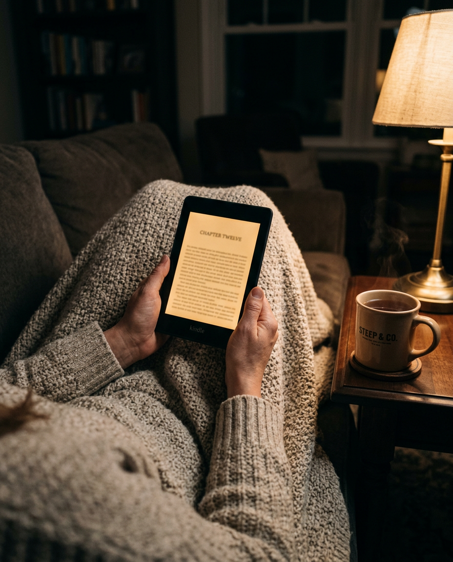 Reader wrapped in a blanket enjoying a book on an e-reader