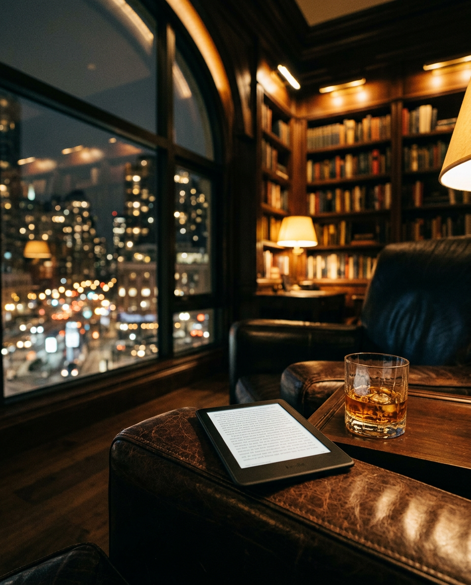 E-reader on a leather armchair in a library overlooking city lights