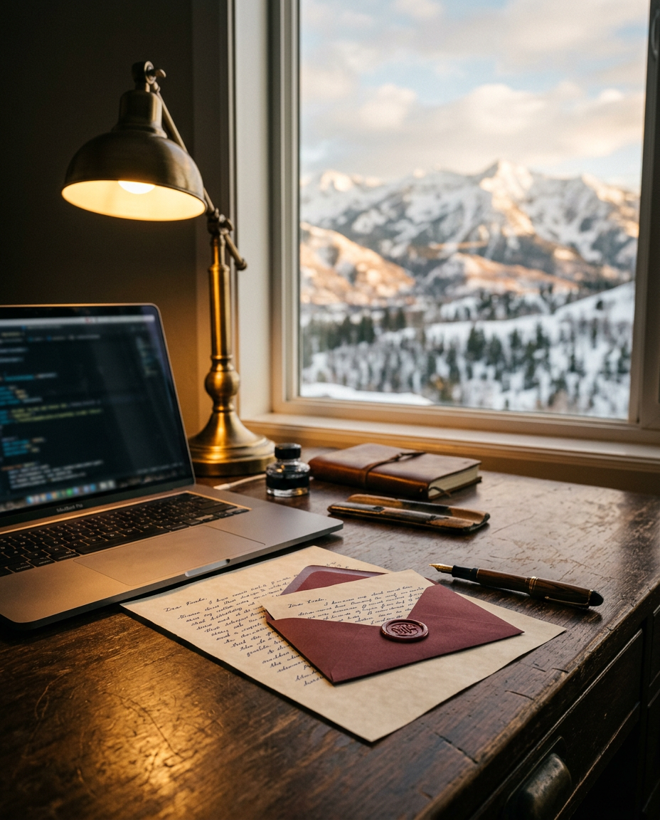 Handwritten letter and sealed envelope on a desk facing snowy mountains